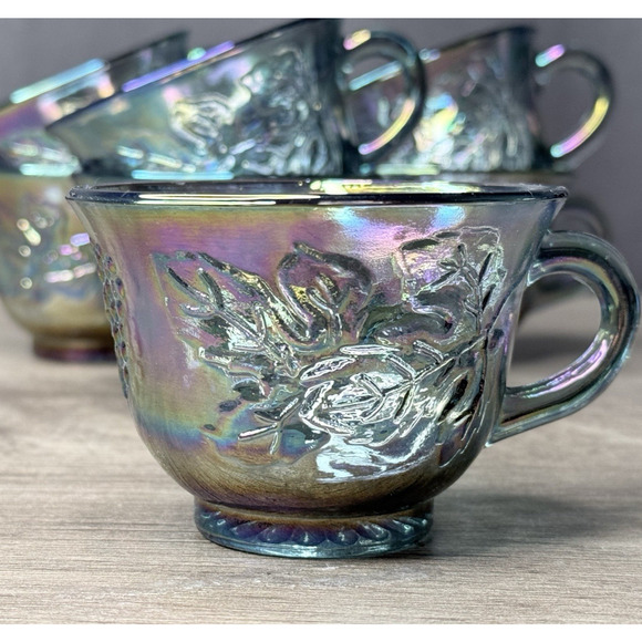 Set of 7 Vintage Indiana Carnival Glass Punch Cup Iridescent Blue Harvest Grape - Picture 1 of 6